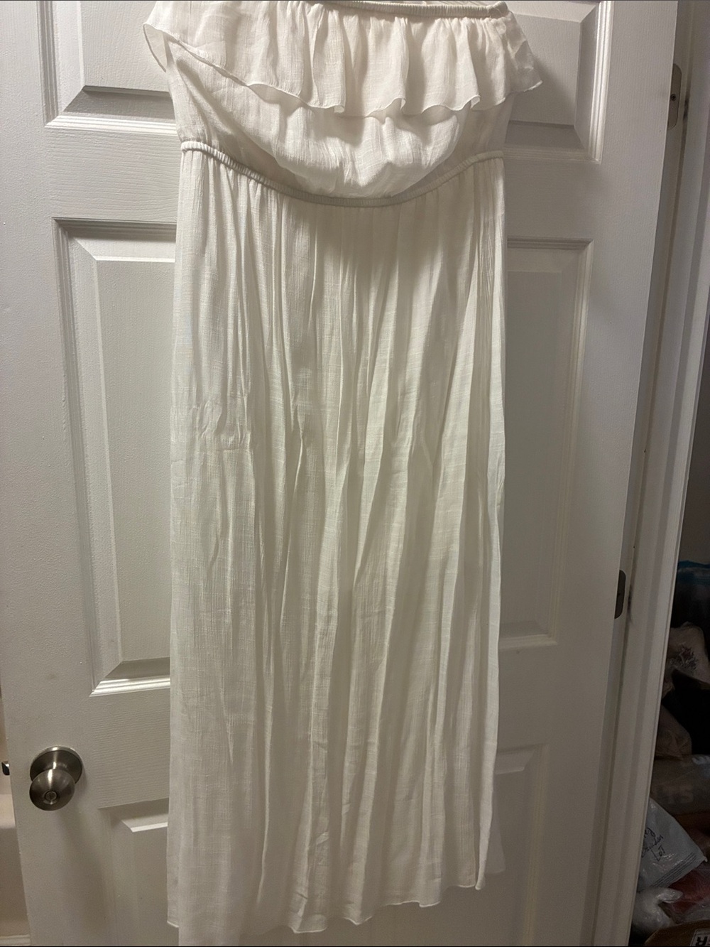 Trixxi Strapless Ruffle Maxi Dress in White w/slip & elastic breast area